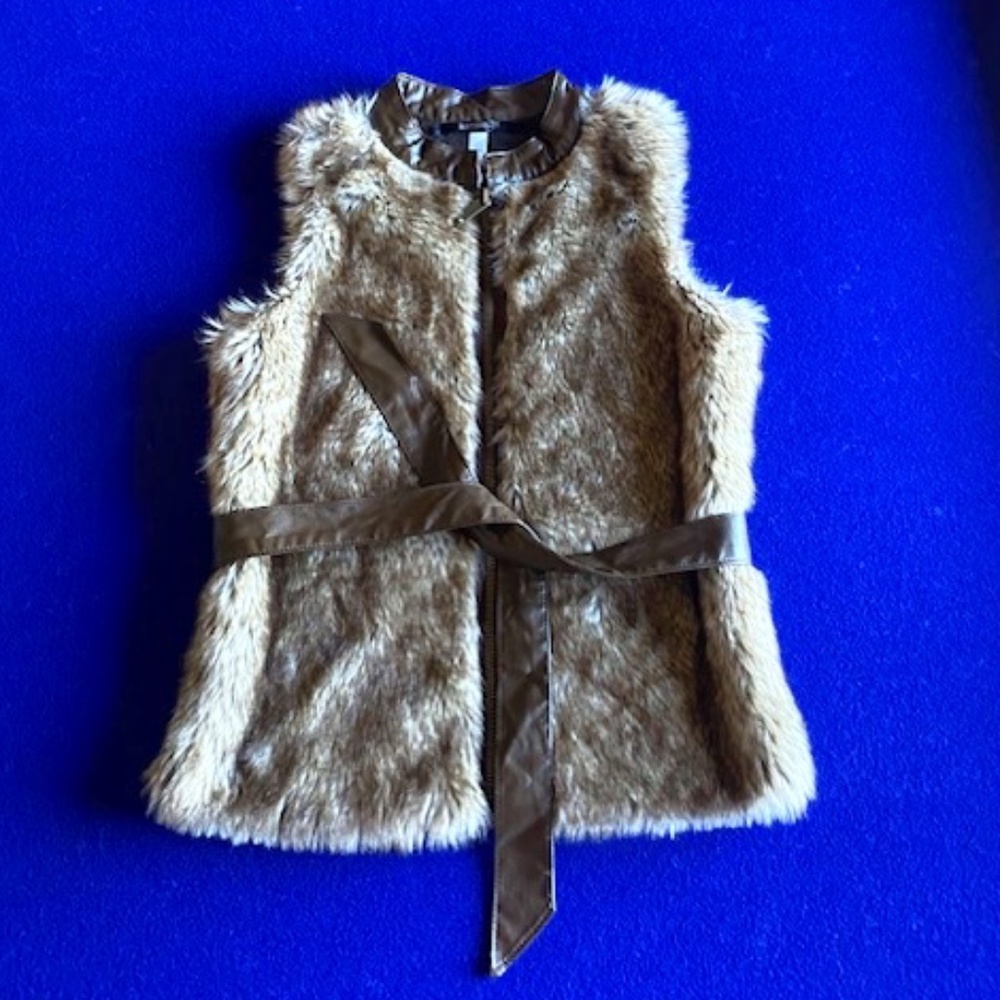 Kensie Girl Sleeveless Brown Fur Zip Up Sweater Vest Girls Size Large